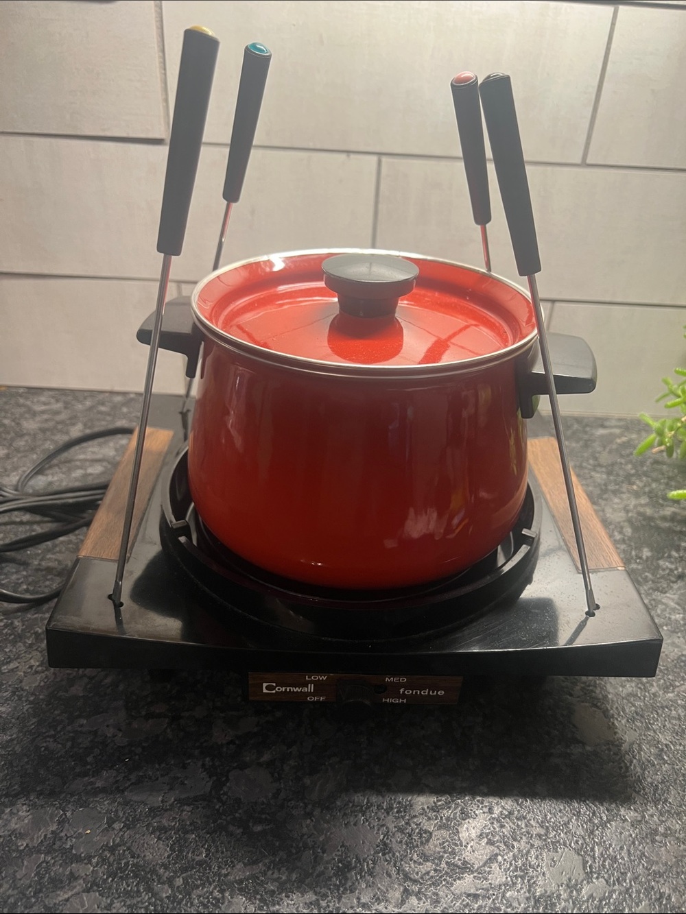 Vintage Electric Red Fondue Pot Set with Lid and Forks by Cornwall MCM charm